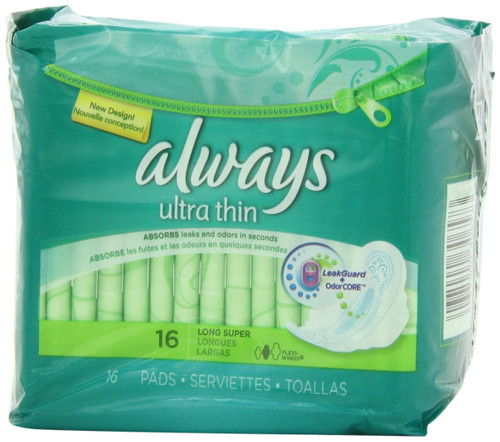 Always Ultra Thin Unscented Pads with Wings, Long/Super, 16 Count (Pack of 4)