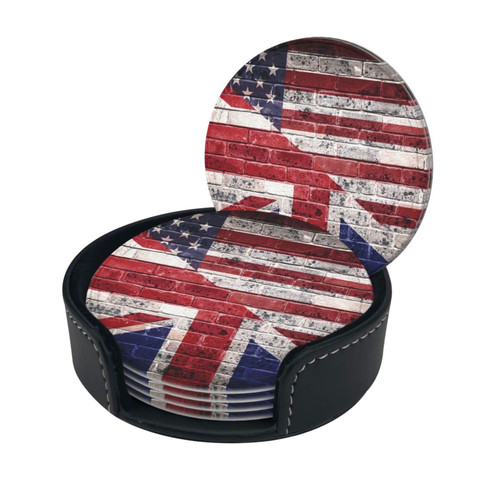 Round Coaster Set of 6 with Holder American-British-Flag-Wall Leather Coasters for Drinks