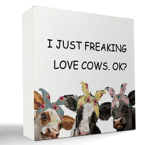 kunlisa I Just Freaking Love Cows OK Wooden Box Sign Desk Decor,Rustic Cow Heifer Wood Block Plaque Box Sign for Country Home Farmhouse Girls Room Farm Wall Shelf Desk Decoration