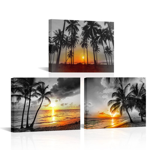 RnnJoile 3 Panel Black and White Beach Canvas Wall Art Gold Palm Tree Sunset at Tropical Seaside Painting Pictures Framed Hawaii Theme Print Artwork for Home Office Decor 12"x16"