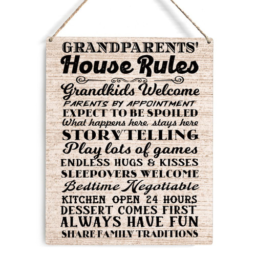 Farmhouse Grandparents' House Wooden Sign Wall Decor Rustic Grandparents House Rules Wood Plaque Hanging Sign Decoration for Home Door, 8 x 10