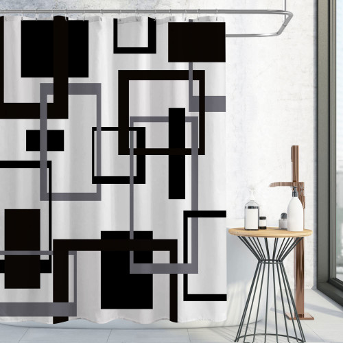 Gibelle Geometric Fabric Shower Curtain Set, Abstract Mid Century Modern Minimalist Waterproof Shower Curtain for Bathroom Decor, 72 x 72, Black and White Black Grey