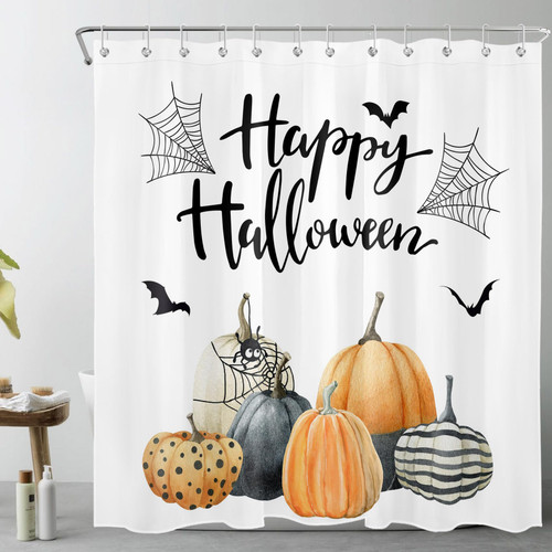LB Happy Halloween Shower Curtain for Bathroom,Watercolor Pumpkin and Bat Spider Web on White Fabric Shower Curtain with Hooks,Vintage Holiday Bathroom Curtain Shower Set, 72x78 inches