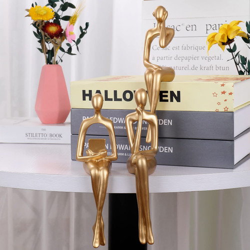 3Pcs Gold Decor Thinker Statue Sitting Thinker Statue Abstract Art Sculpture Bookshelf Decor Resin Collectible Figurines Home Decor for Living Room Shelf Home Office Table Decor