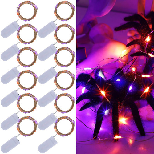 WATERGLIDE 12 Pack Halloween Fairy Lights Battery Operated (Included), 6.5ft 20 LED Mini Firefly Starry String Lights, Waterproof Silver Wire for DIY Mason Jar Table Halloween Decor, Orange&Purple