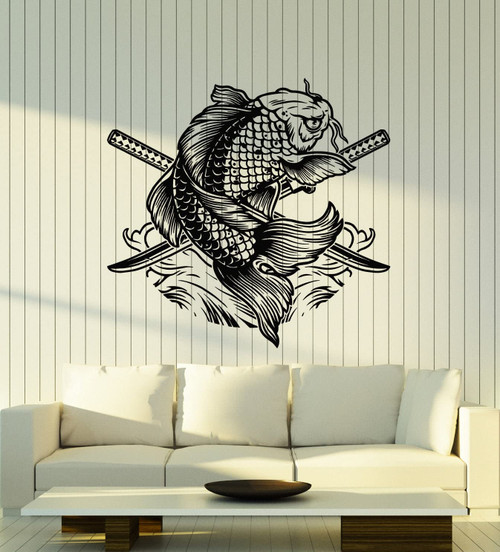 Vinyl Wall Decal Asian Style Japanese Koi Carp Fish Swords Stickers Mural Large Decor (g6106) Black