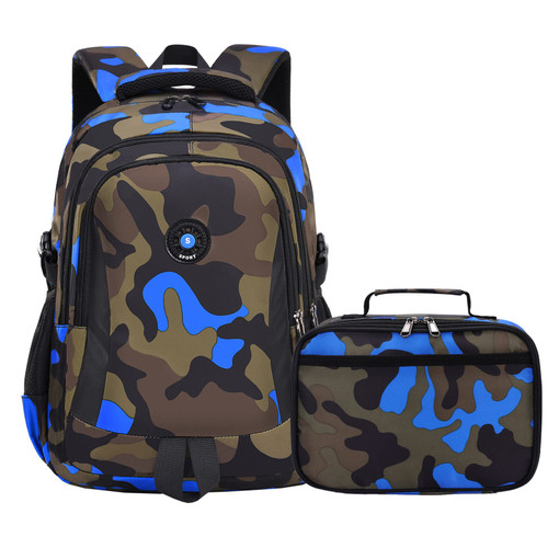 Yvechus Camo Backpack Set with Lunch Bag Lightweight Waterproof School Backpack Bookbag for Boys Girls (C-Style Camo Blue)