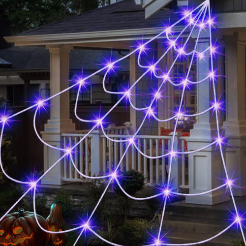 Liveasily Outdoor Halloween Decorations Spider Web Lights, 14.8x16.4 FT Triangular White Spider Web with 135 LED Purple Lights, Large Size Halloween Decor for Indoor or Outdoor