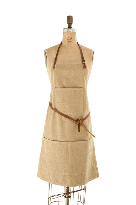 Creative Co-Op Khaki Cotton Canvas Apron with Pockets & Leather Ties Entertaining Textiles, Medium, Brown