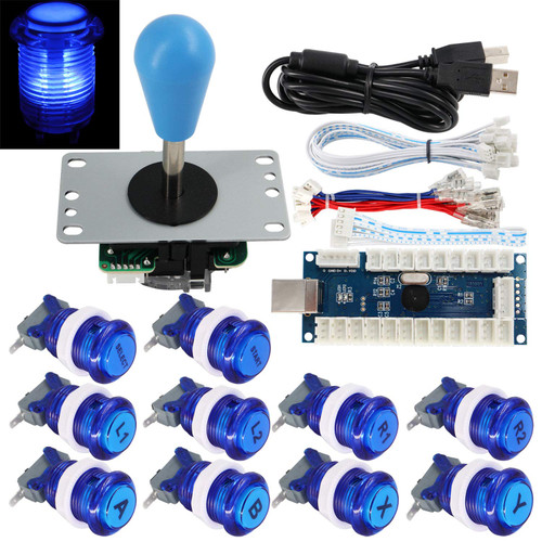 SJ@JX Arcade Game Stick DIY Kit Buttons with Logo LED 8 Way Joystick USB Encoder Cable Controller for PC MAME Raspberry Pi Blue