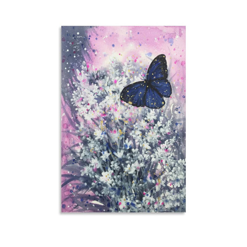 HDYDJS Blue Butterfly Animal Watercolor Poster on Wildflowers Canvas Wall Art Prints for Wall Decor Room Decor Bedroom Decor Gifts 20x30inch(50x75cm) Unframe-style
