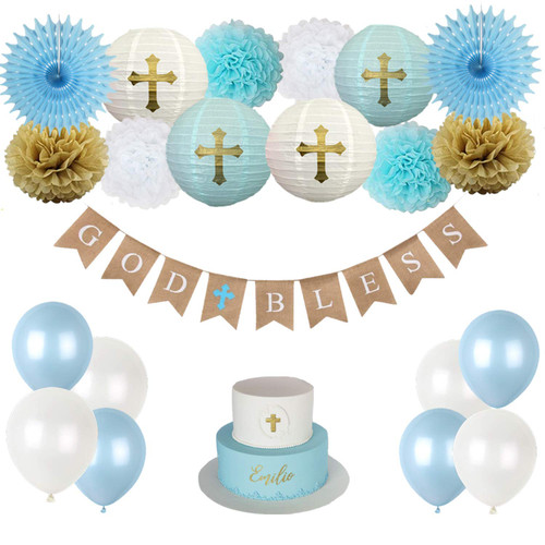 CHRORINE Baptism Decorations for Boys, First Communion Confirmation Decorations, God Bless Banner and Blue Party Decorations - Blue Set