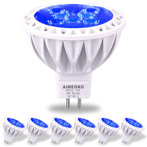 AIMEOKO MR16 Blue LED Light Bulbs 5W(35W 50W Halogen Equivalent),GU5.3 Base Low Voltage 12V Blue Color Spotlight,38 Deg,for Outdoor Landscape,Yard,Garden Tree,Step Lighting,6 Pack