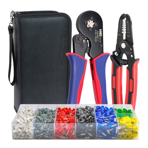 HKS Ferrule Crimping Tool Kit - Square Ferrule Crimper Plier (AWG 23-7) with Wire Stripper & 1900pcs Wire End-Sleeves Terminals Kit