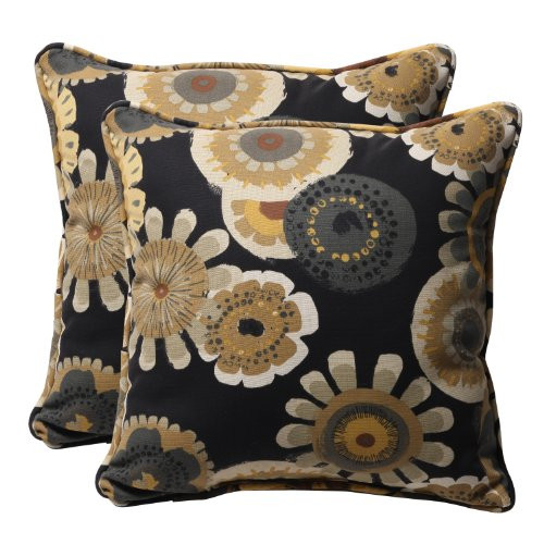Pillow Perfect Decorative Black/Yellow Floral Square Toss Pillows, 2-Pack