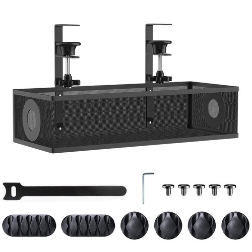 Under Desk Cable Management Box Tray No Drilling with Lid Metal Under Desk Wire Management Box Clamp Mount Under Table Cord Management Organizer No Damage to The Desk