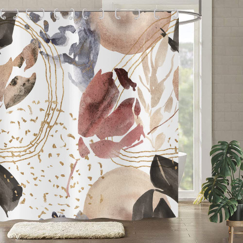 ASDCXZ Boho Abstract Shower Curtain, Mid Century Blue Gold Geometric Leaves Minimalist Bathroom Decor Set Waterproof Fabric Weighted Hem with Hooks 72x72in