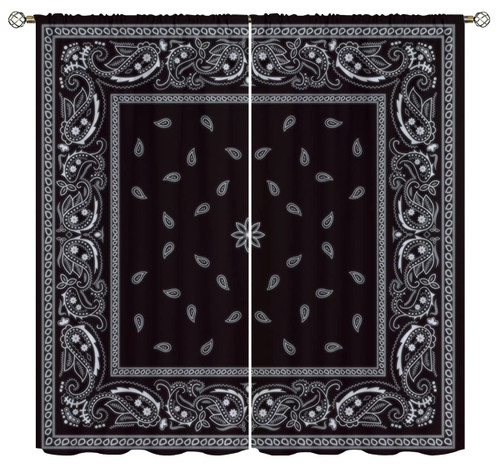 Bandana Blackout Curtains for Home Decor,White Floral Paisley Black Bandana Pattern Abstract Rod Pocket Thermal Insulated Drapes Darkening Window Curtain for Girls Boy Bedroom Living Room 55 x 63 Inch