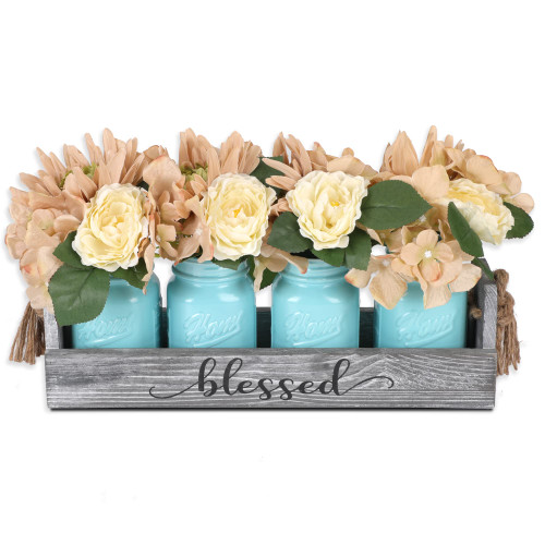 GBtroo Mason Jar Table Centerpieces for Dining Room - Coffee Table Decor Centerpiece with 4 Mason Jars and Flowers - Farmhouse Home Decor Rustic Living Room and Kitchen Table Decoration Center Piece