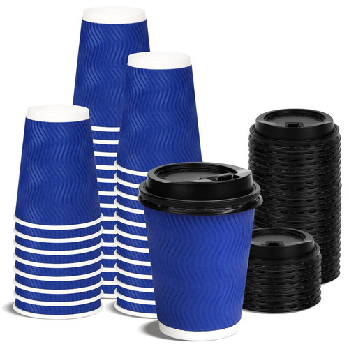 Naturecon 12 oz Disposable Paper Coffee Cups, 100 Pack Insulated Ripple To Go Coffee Cups, Blue Hot Beverage Cups With Lids, Hot Paper Cups for Home, Store And Cafe