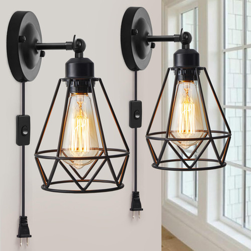 Plug in Wall Sconce, Industrial Sconces Wall Lighting, Vintage Wall Lamp with Plug in Cord, Rustic Black Wall Sconce Fixture, On/Off Switch Wall Light Fixture for Kitchen Bedroom Doorway Porch-2 Pack