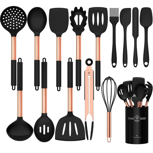 Silicone Cooking Utensil Set, Umite Chef Kitchen Utensils 15pcs Cooking Utensils Set Non-stick Silicone Rose Gold Handle Cooking Tools Whisk Kitchen Tools Set - Balck