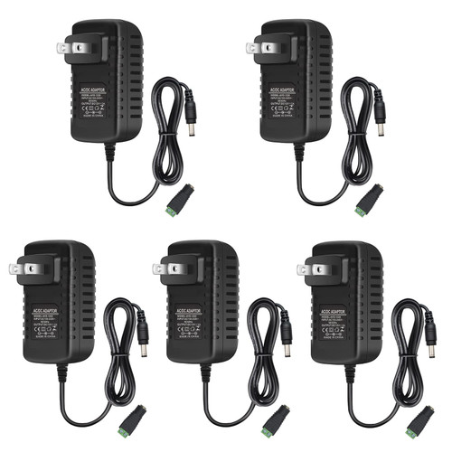 12V 2A LED Power Supply, 24W AC Adapter, 100-240V AC to 12V DC Transformer for LED Strip Lights, Wall Plug Power Adapter with 5.5/2.1 DC Female Barrel Connector (5 Pack)