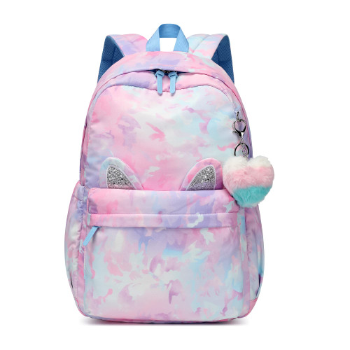 Reqinqin Kids Backpack Girls and Boys Waterproof Large Space School Backpack Suitable for Age for Over 6 years old Lightweight Travel Cat Ear Heart Keychain Children Backpack?Blue?