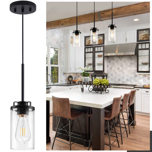 Industrial Pendant Light Fixtures for Kitchen Island, Adjustable Modern Pendant Ceiling Hanging Lights with Clear Seeded Glass Shade Industrial Glass Pendant Light Fixture for Farmhouse Dining Bedroom