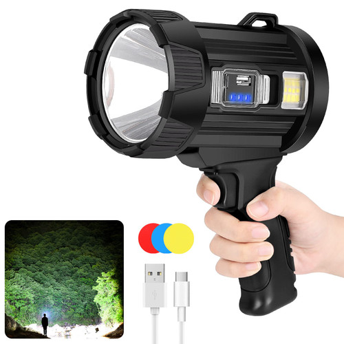 BolDuck Rechargeable Spotlight, 100000 Lumens Handheld Hunting Flashlight Led Spot Light with Cob Light and Solar Panels, 6 Modes IPX6 Waterproof Bright Spotlight for Boating,Camping,Fishing BolDuck Rechargeable Spotlight, 100000 Lumens Handheld Hunting Flashlight Led Spot Light with Cob Light and Solar Panels, 6 Modes IPX6 Waterproof Bright Spotlight for Boating,Camping,Fishing