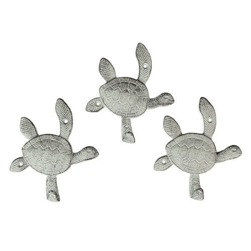 Chesapeake Bay Ltd 6 Inch Cast Iron Antique White Sea Turtle Wall Hook Towel Hanger Hat Rack Home Decor Set of 3