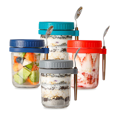 PAIKON Overnight Oats Containers with Lids and Spoons, 4 Pack Mason Jars Oatmeal Container,12 oz Glass Overnight Oats Container, Airtight Jars For Yogurt Milk Pudding Cereal Fruit