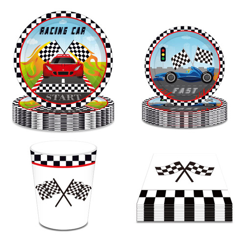 Racing Car Party Supplies Set Serves 16, Race Car Birthday Party Supplies Disposable Party Tableware Kit Includes Dinner Dessert Cake Plates Cups Napkins for Boys Car Party Decorations Birthday Party