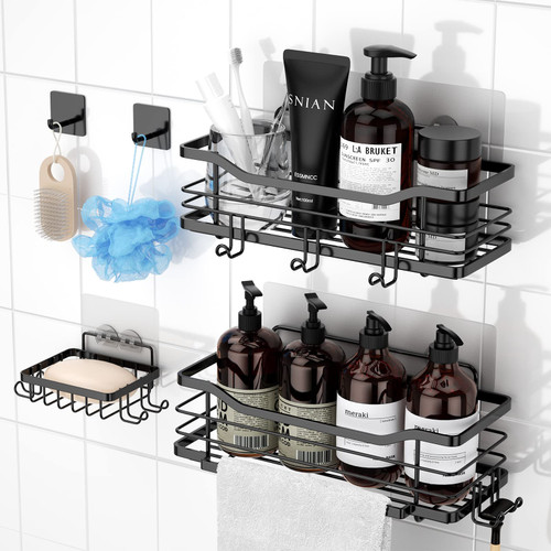 Black Shower Caddy, 5-Pack Shower shelf for Inside Shower, Adhesive Shower Organizer No Drilling with Soap Holder, Rustproof Stainless Steel Shower Rack Wall Mounted Bathroom Shower Storage Shelves