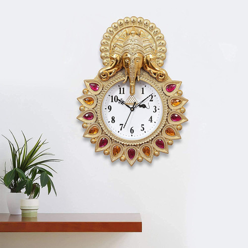 Webelkart Premium Stones Lord Ganesha Plastic Wall Clock for Home/Living Room/Bedroom/Kitchen- (Gold-13 Inch)