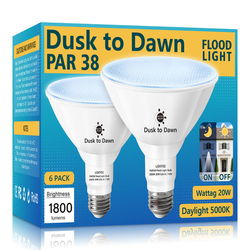 LOXYEE 6 Pack LED PAR38 Dusk to Dawn Flood Light Bulbs Outdoor ?20W(200W Equivalent) E26 Base Flood Light Bulbs,5000K Daylight 1800 Lumens LED Flood Light for Outdoor Garden,Garage,Yards LOXYEE 6 Pack LED PAR38 Dusk to Dawn Flood Light Bulbs Outdoor ?20W(200W Equivalent) E26 Base Flood Light Bulbs,5000K Daylight 1800 Lumens LED Flood Light for Outdoor Garden,Garage,Yards