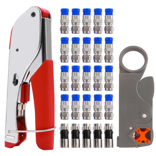 mxuteuk RG59 RG6 Coax Cable Crimper Tool Kit Coaxial Compression Tool Fitting Wire Stripper With 25pcs F Type RG6 Compression Connectors