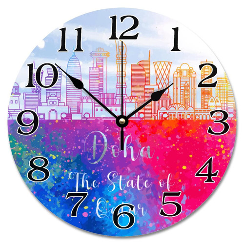Guangpat The State of Doha Skyline Silhouette Wall Clock Funny Doha Cityscape 10 Inch Large Wall Clocks Battery Operated Analog Clock Modern Home Decor for Living Room Kitchen Bedroom