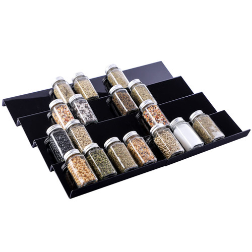 Yakaly Black Acrylic Spice Drawer Organizer, Expandable 11" to 22" - 4 Tier Slanted Drawer Seasoning Jars Rack Hold up 60 Jars, Adjustable In Drawer Spice Tray for Kitchen Cabinet Drawer/Countertop