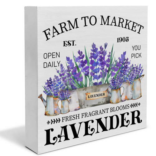 Lavender Market Wooden Box Sign Farmhouse Wood Box Sign Spring Lavender Art Blocks Desk Sign Rustic for Shelf Tabletop Home Decor 5 X 5 Inch