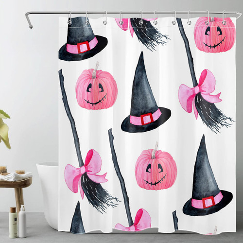 LB Pink Halloween Pumpkin Shower Curtain Decor,Black Magic Witch Hat and Broom on White Shower Curtain for Bathroom 60X72 inch Polyester Fabric Bathroom Decoration Bath Curtains Hooks Included LB Pink Halloween Pumpkin Shower Curtain Decor,Black Magic Witch Hat and Broom on White Shower Curtain for Bathroom 60X72 inch Polyester Fabric Bathroom Decoration Bath Curtains Hooks Included