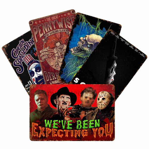 5Pcs Vintage Horror Movie Tin Sign,Classic Characters by Horror Film Movie Poster,Retro Scary Movie Film Poster Home Bar Pub Man Cave Wall Decoration 8" x 12"