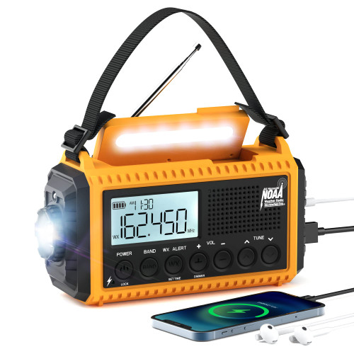 Auto NOAA Emergency Weather Radio, Solar Hand Crank Radio,Portable Battery Operated Emergency Radio with AM FM Shortwave,USB Charger,LED Flashlight,Clock, SOS Alert for Home Outdoors Camping Survival