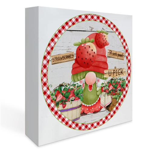 Rustic Strawberry Gnome Wood Box Sign, Farmhouse Strawberry Artwork Decor, Strawberries Wood Square Sign Desk Block Signs Summer Home Kitchen Shelf Decoration 5 x 5 Inches