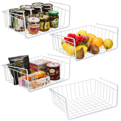 Tebery 4 Pack White Under Shelf Wire Basket Hanging Storage Baskets, Small Add-on Storage Racks Slide-in Cabinet Baskets Organizer for Kitchen Pantry Desk Bookshelf
