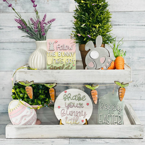 Spring Easter Tiered Tray Decor Sets Rabbit Tabletop Decor Bunny Eggs Wooden Signs Spring Table Centerpieces Table Mini Decor Rustic Farmhouse Home Table Kitchen Decor (Easter-12)