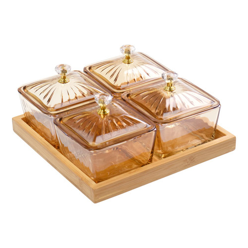 KVMORZE 7.3oz Chip and Dip Serving Set with Bamboo Tray, Snack Candy Fruit Nut Serving Platter, Small Glass Dipping Serving Bowls with Lids for Condiments/Side Dishes (4-Slots Bamboo Tray)