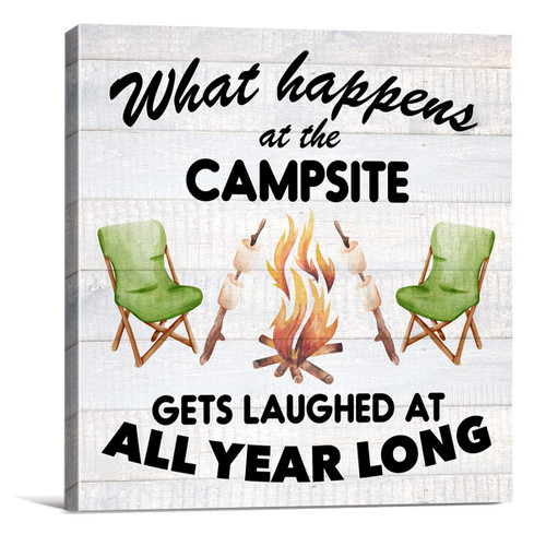 Camping Campsite Farmhouse Canvas Print Wall Art Decor Rustic What Happens at the Campfire Sign Painting Poster Plaque Home Decoration (8 X 8 inch, Framed)