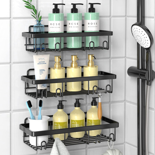 Cusbus Shower Caddy, 3 Pack Shower Organizer, Adhesive No Drilling Traceless Shower Shelves, Rustproof SUS304 Stainless Steel Bathroom Shower Shelf for Inside Shower & Kitchen Storage (Matte Black)