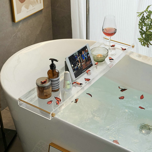 Clear Bathtub Tray Bath Shelf with Golden Handle, Acrylic Tub Rack Caddy, Luxury Bathroom Organizer Tablet Holder, Nonslip Wave Design SHUNLI